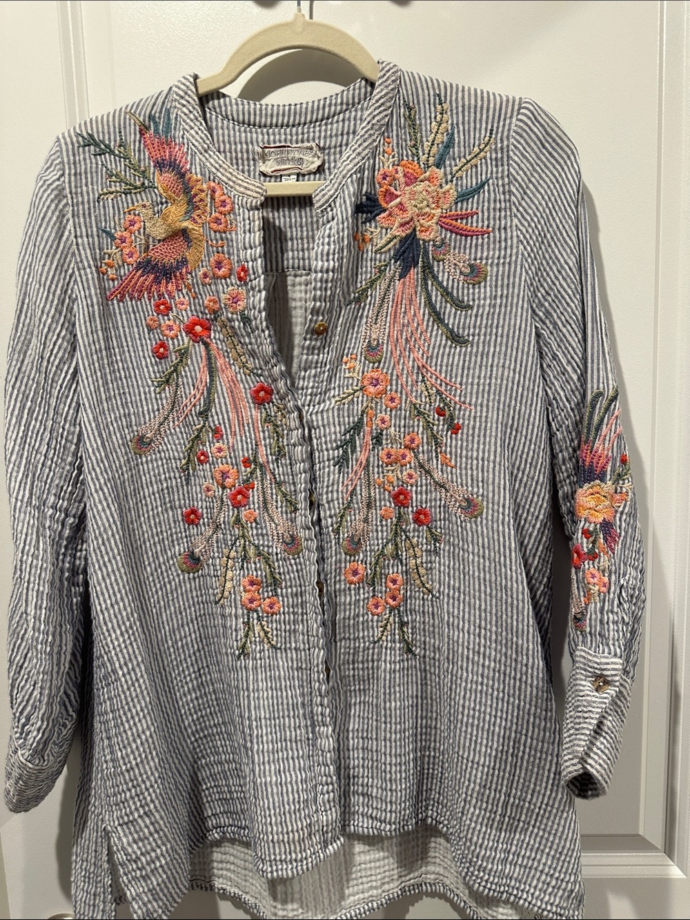 Johnny Was Embroidered Blue and White Striped Button-Down Shirt